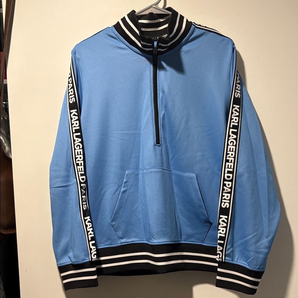 Karl Lagerfeld Sweatshirt, Blue, 3/4 Zip Crew Neck, Logo Detail, Size Large